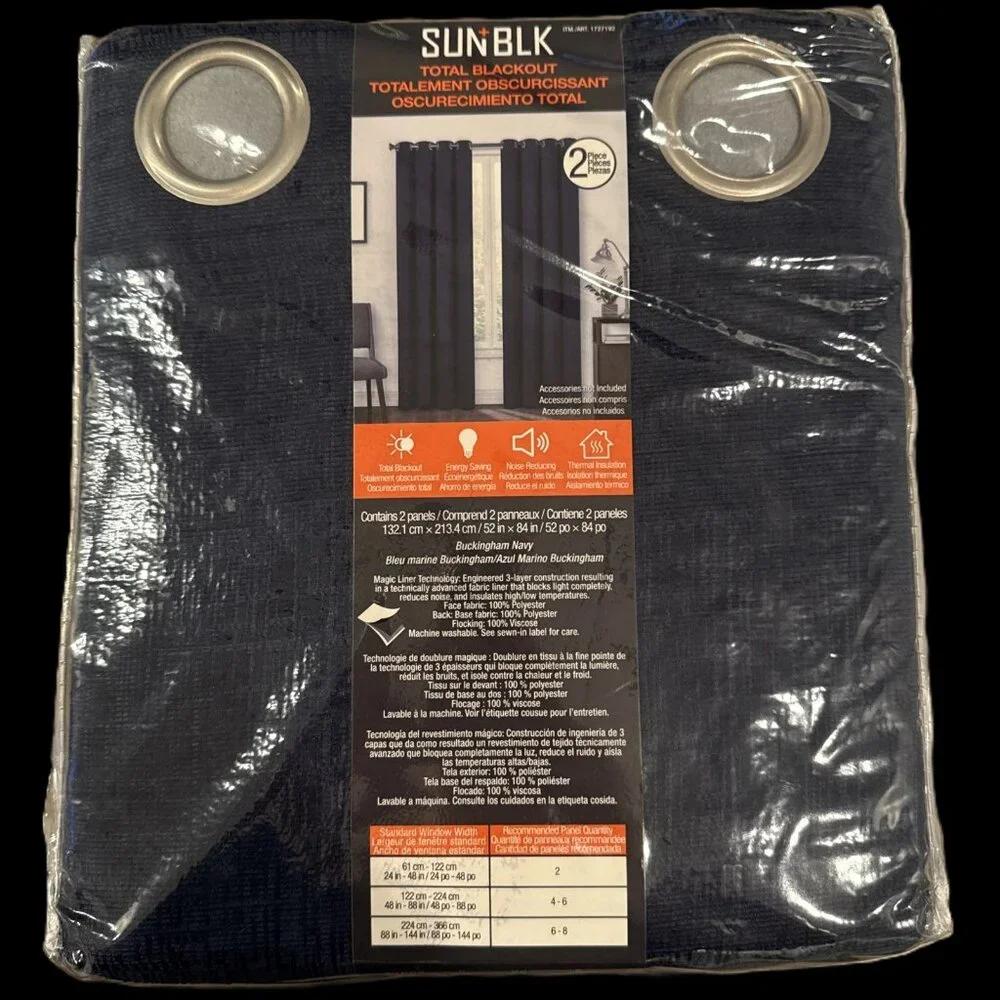 SunBlk Total Blackout Curtains 52 x 84 In. 2 Panels Kinsley blue/navy